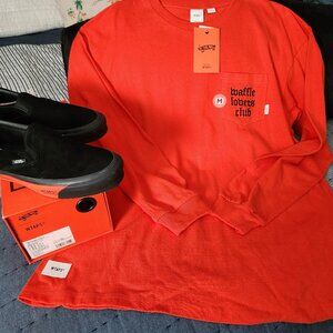 Vans WTAPS Black/Orange Slip On Size 8 & Waffle Lovers Club L/S Tee Medium - NEW
